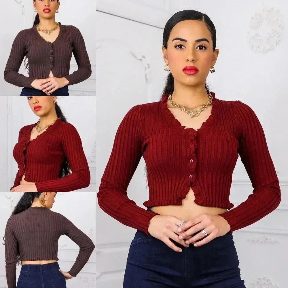 Long Sleeves Ribbed Button Crop Top - Picture 2 of 2